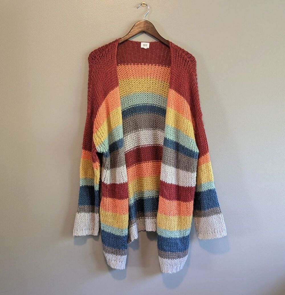 BKE Womens Large L Chunky Knit Cardigan Sweater Orange Blue Cozy Boho Open Front